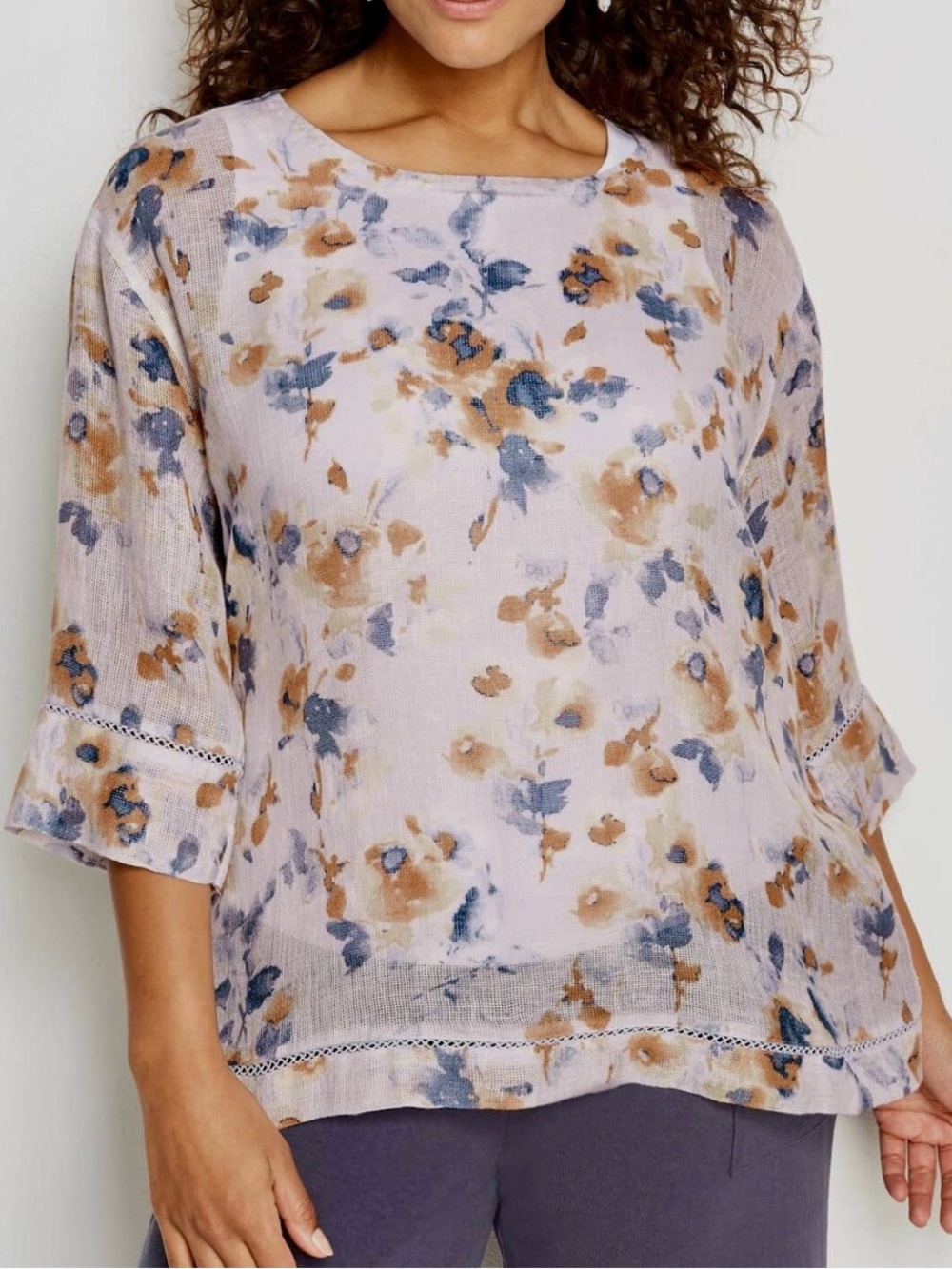 Pure Jill J. Jill Linen Floral Tunic Top Women Large Tall 3/4 Sleeve Lightweight